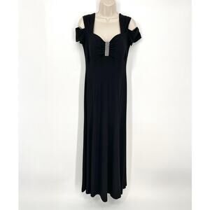 R & M Richards Cold Shoulder Rhinestone Brooch Gown Maxi Dress Sz 6 Black Split